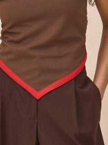 MUSERA Contrast Trim Pointed Hem Fitted Strapless Bandeau Top For Springs Summer Cute - Coffee Brown - View 2