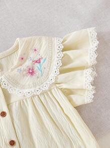 SHEIN Young Girl Floral Embroidery Peter Pan Collar Lace Trim Cap Sleeve Blouse - Apricot - View 6