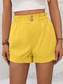 Breezaya Women's Solid Color Frill Trim Casual Loose Shorts - Yellow - View 3