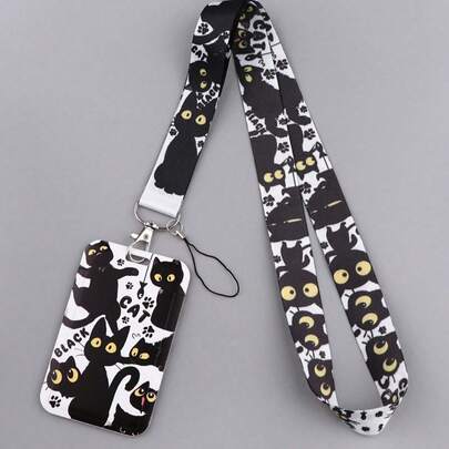1 dây đeo cổ hình mèo đen, giá đựng thẻ ID, móc chìa khóa cho phòng tập thể dục, dây đeo cổ tự làm và hộp đựng thẻ