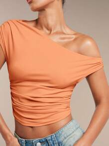 SHEIN BAE Women Spring Summer Asymmetric Ruched Asymmetric Neck Solid Top - Coral Orange - View 5