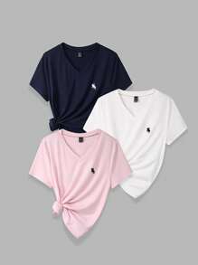 SHEIN EZwear 3 件套 V 领针织休闲短袖 T 恤套装，适合日常穿着