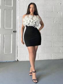 SHEIN Privé Women's Elegant Party Dress With Colorblock Zipper Decor, Bodycon Mini Bustier Dress