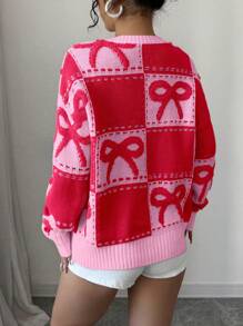 Chiquease Suéter de punto con cuello redondo, parches a cuadros y lazo 3D lindo - Multicolor - Ver 2