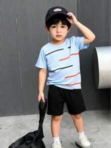 SHEIN Young Boy 2pcs Yellow Knitted Striped Print T-Shirt And Black Casual Knitted Sports Shorts Set For Summer