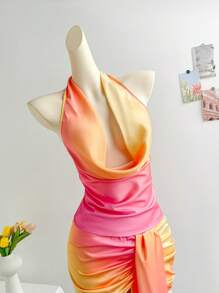 Soleia 女士粉色日落渐变色垂坠领背心和透明渐变色印花裹身裙套装，适合度假、海滩、夏季 - 粉色 - 查看 4