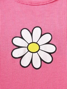 2 件女童休闲日常海滩向日葵花卉印花牛仔短裤 + 罗纹圆领短袖 T 恤套装 - 玫紅色 - 查看 4