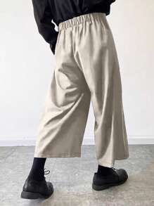 Manfinity Roghcode Fashionable Tie Waist Pleated Elastic Waist Wide Leg Solid Color Pants - Beige - View 2