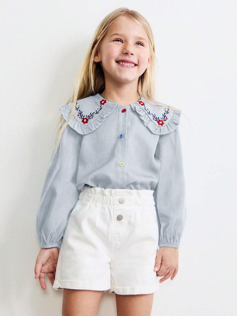 Maija Kids Maija Kids Áo cánh rộng rãi cho bé gái có cổ rộng, thêu hoa và nút nhiều màu, phong cách thường ngày, phù hợp cho mùa xuân và mùa đông - Màu xanh lam - Xem 1