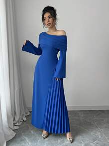 Elenzga Elegant Oblique Shoulder Asymmetric Hem Pleated Waist Solid Color Maxi Dress, Versatile For Commuting, Party, And Charm