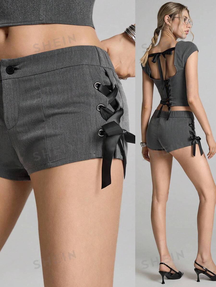 Easelle Pantalones cortos ultra de mujer con cintura de cordón tejido gris