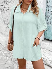 SHEIN Clasi Conjunto de 2 piezas de talla grande informal de unicolor con camisa de hombros caídos y pantalones cortos sueltos para vacaciones - verde menta - Ver 7