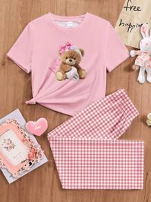 SHEIN Leap Crew Cute Bear Plaid Pattern Tween Girls Casual Minimalist Round Neck Short Sleeve T-Shirt And Loose Pants Loungewear Set, Suitable For Spring & Summer - Multicolor - View 3