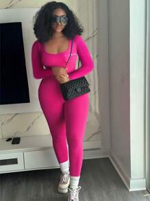 INAWLY 大码长袖字母印花休闲连体裤 - 玫紅色 - 查看 4