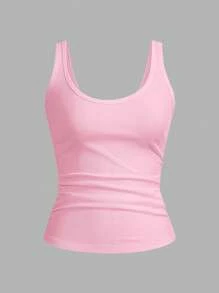 SHEIN PETITE Casual All-Match White Cami Top With Deep U-Neck And Racerback Pink - Pink - View 8