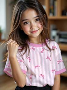 SHEIN Cute Striped Bow Print, Pink, Tween Girls Casual Minimalist Short Sleeve Crew Neck T-Shirt, Suitable For Summer