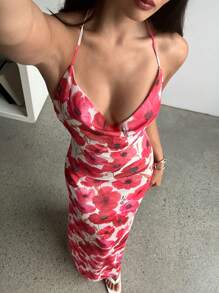Aloruh Vrouwen Bloemenprint Sexy Rugloze Halter Maxi Strandjurk