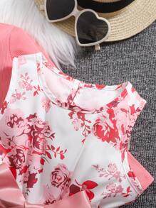 SHEIN 2pcs Young Girl Red Heart Ribbon Dress And Ruched Ruffled Cardigan Set - Pink - View 4