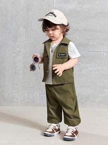 SHEIN 3pcs Baby Boy/Girl Olive Green Vest,Short Sleeve T-Shirt And Pants Set,Autumn Street Life Casual Graphic Street Fashion,Vacation Soft Sporty Outfit - Green - View 5