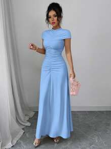 Elenzga 女士奢华晚礼服纯色褶皱设计优雅盖袖长裙，夏季波西米亚风/假日/节日长裙 - 藍色 - 查看 5