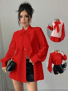 Elenzga Solid Color Bowknot Neck Long Women's Shirt; Shirt For Women; Blouse - Red - View 1