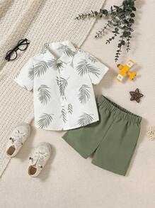 SHEIN Vintaside Kids 男婴节日休闲亚麻色热带树叶印花服装 - 綠色 - 查看 1