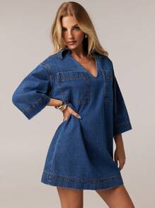 Forever 21 Spring New Deep V-Neck Short Sleeve H-Type BOHO Vacation Denim Dress For Women - Blue - View 3