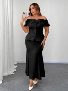Franclia Plus Size Women 1-Shoulder Top With Floral Decor And Mermaid Hem Skirt 2 Pieces Set