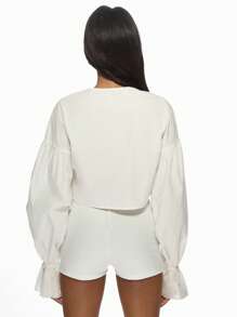 MISSGUIDED 优雅长袖系带衬衫灯笼袖短款上衣办公室工作晚会场合穿着 - 白色 - 查看 2