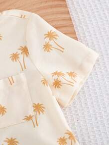 Cozy Pixies 2pcs Toddler Boy Cartoon Coconut Tree Short Sleeve Polo Collar Pullover Top And Solid Color Elastic Waist Shorts Set