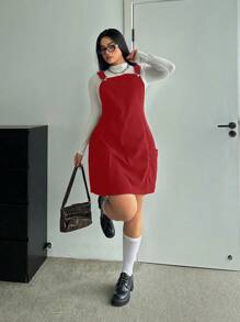 POPSWAY Plus Size Utility Pockets A-Line Pinafore Strap Dress