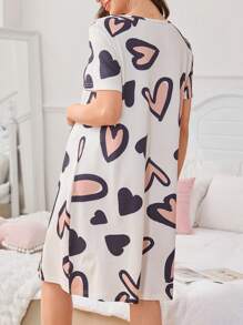 SHEIN Heart Print Round Neck Partial Button-Up Casual Short Sleeve Maternity Nightgown