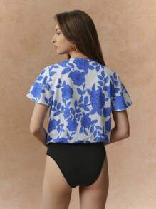 Écloséra Body con estampado floral y diseño cruzado en el cuello para mujer - Azul - Ver 2