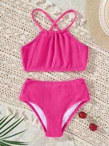 SHEIN 2pcs/Set Girls Pink Textured Bikini Swimsuits Top And Bottom - Hot Pink - View 8