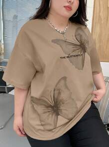 Dazy Plus Plus Size Loose Round Neck Short Sleeve Butterfly Print T-Shirt, Spring/Summer Graphic Tee Oversized T-Shirt - Khaki - View 3