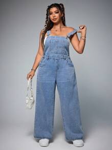 SHEIN ICON Plus Size Women Loose Casual Pocket Straight Leg Denim Jumpsuit - Blue - View 4