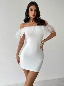 Firerie Valentine's Day New Elegant Romantic Layered Mesh Off Shoulder Bodycon Mini Dress, White Spring/Summer Fairycore - White - View 7