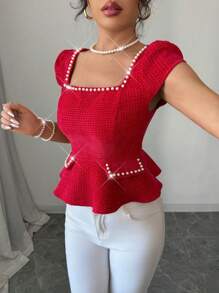 Elenzga Lente & Zomer Vakantie Bohemian Puff Mouw Vierkante Hals Getailleerde A-lijn Gebreide Riem Dames Blouse