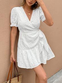 SHEIN Frenchy Rochie de vacanță de damă, ocazională, de culoare uni, texturată, cu talie cravată - alb - Vizualizare 5