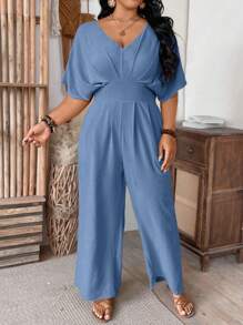SHEIN Clasi Commute Style Backless Short Sleeve Jumpsuit - Dusty Blue - View 5