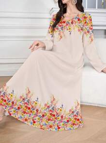 Al Najma Women's Floral Print V-Neck Long Sleeve Loose Arabic Style Dress,Modest - Multicolor - View 5