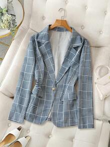 SHEIN Clasi 大码女式千鸟格长袖休闲西装外套