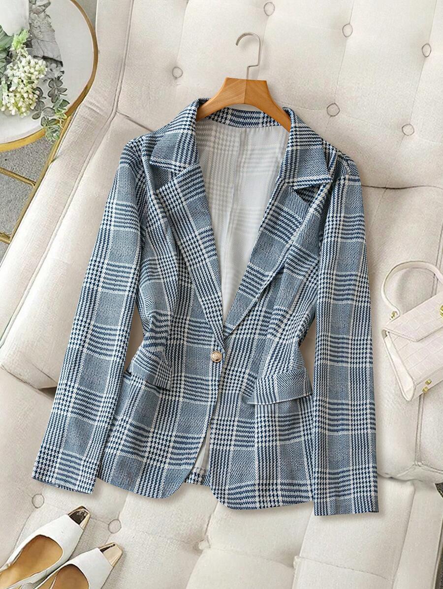 SHEIN Clasi 大码女式千鸟格长袖休闲西装外套