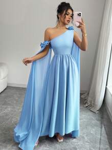 Chiquease Franse elegante chiffon asymmetrische bloemendecoratie taille-getailleerde A-lijn jurk voor feesten, banketten en dagelijks gebruik, lente/zomer
