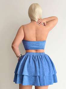 SHEIN SXY Plus Size Women Sexy Streetwear Gyanu Y2K Chic Midriff Baring Crop Top With Textured Ribbed Knit Fabric And Layered Ruffle Hem Mini Skirt Set, Suitable For Everyday Wear, Date Night, Birthday, Bachelorette Party, Elegant, Casual, Shopping, Streetwear, Going Out, , Easy To Match & Looks Slim, Accentuates Body, Flatters The Figure - Pink - View 2