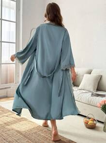 情人节两件套睡衣套装，女士优雅蕾丝拼接V领侧开衩吊带睡裙和系带睡袍，秋冬服装 - 青檸色 - 查看 2