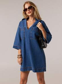 Forever 21 Spring New Deep V-Neck Short Sleeve H-Type BOHO Vacation Denim Dress For Women - Blue - View 4