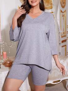 Plus Size Solid Color Casual Knitted Comfortable Pajama Set - Grey - View 6