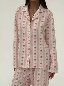 Aloruh 粉色条纹印花衬衫和裤子套装，适合居家和户外穿着 - 粉色 - 查看 8