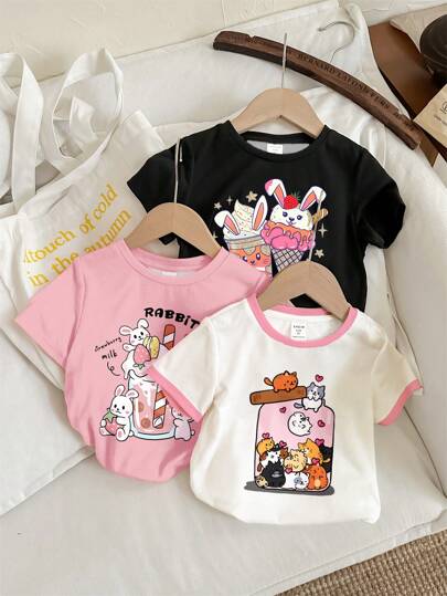 SHEIN Leap Crew Happikins 3pcs/Set Casual Young Girl Cute Rabbit & Cat Graphic Crew Neck Short Sleeve T-Shirts, Suitable For Summer